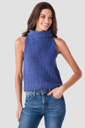 Blue sleeveless textured knit top with high cowl neckline, front view
