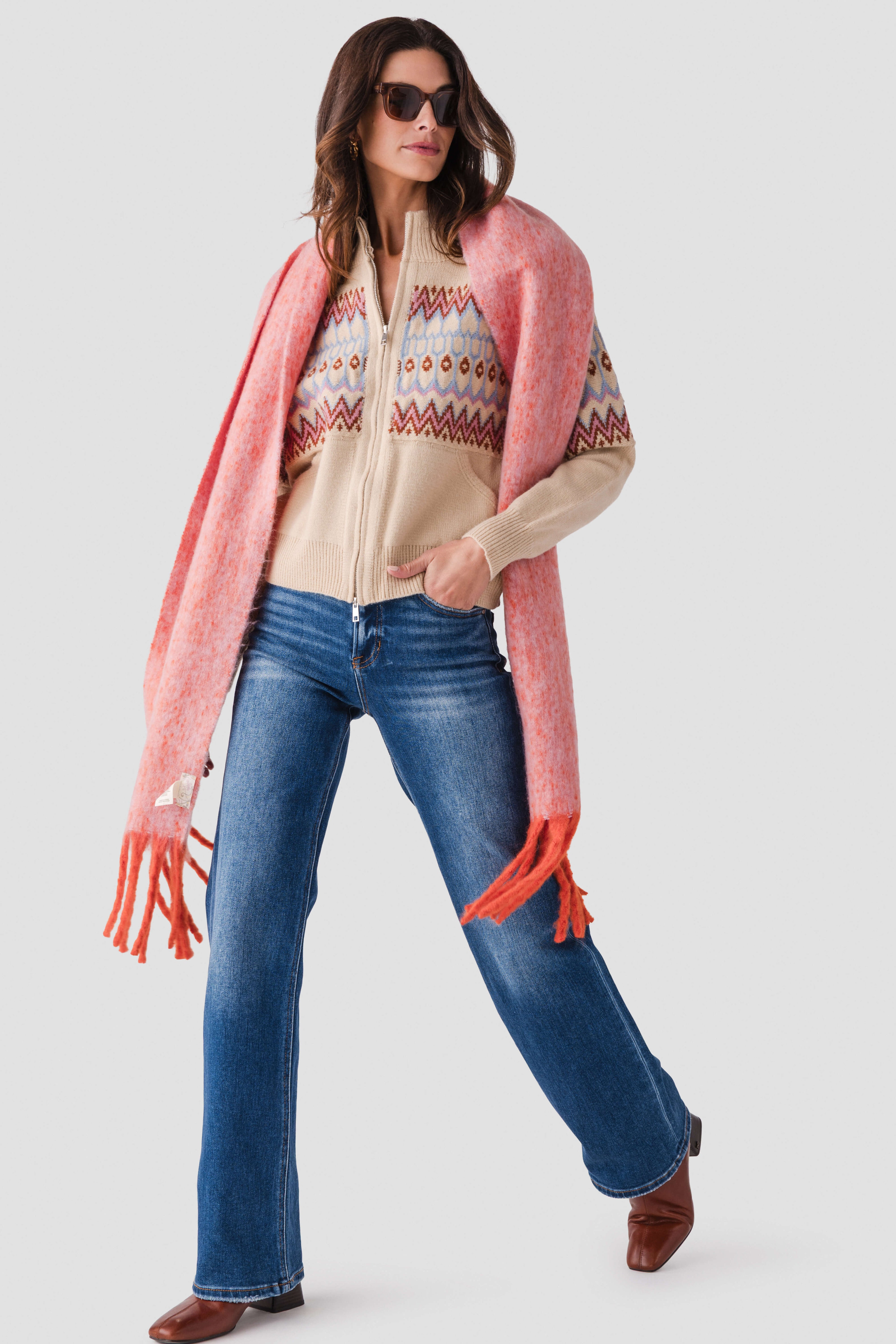 &Merci Fair Isle Zip Up Sweater Cardigan