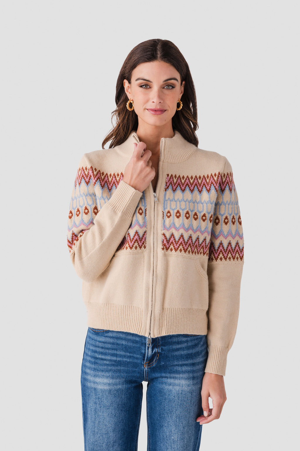 &Merci Fair Isle Zip Up Sweater Cardigan