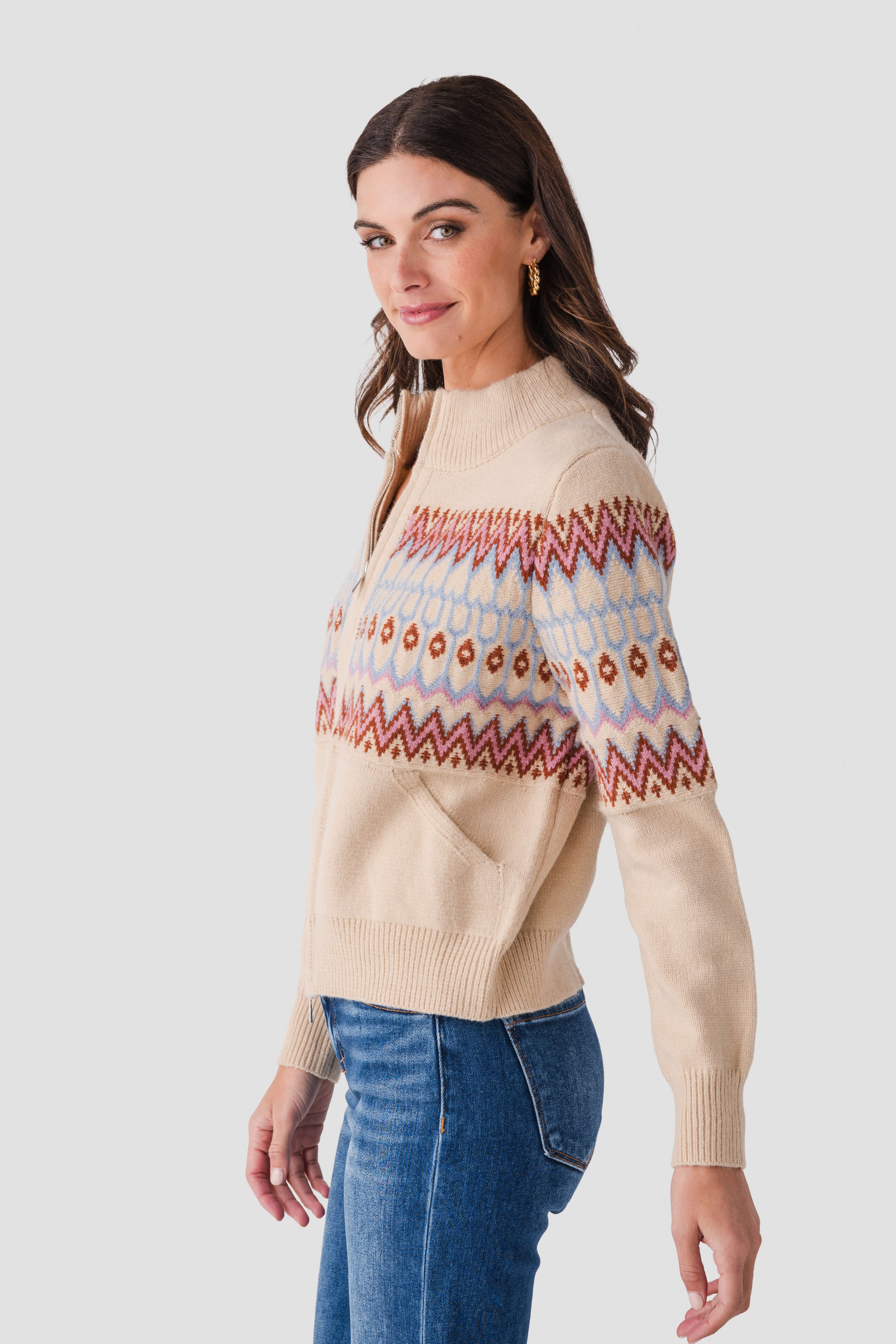 &Merci Fair Isle Zip Up Sweater Cardigan