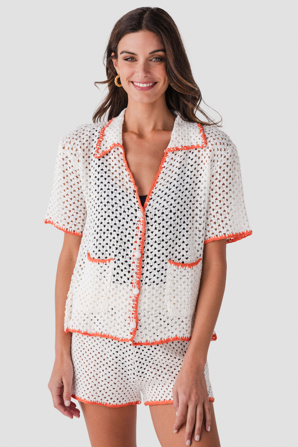 Elan Crochet Contrast Trim Button Up Top
