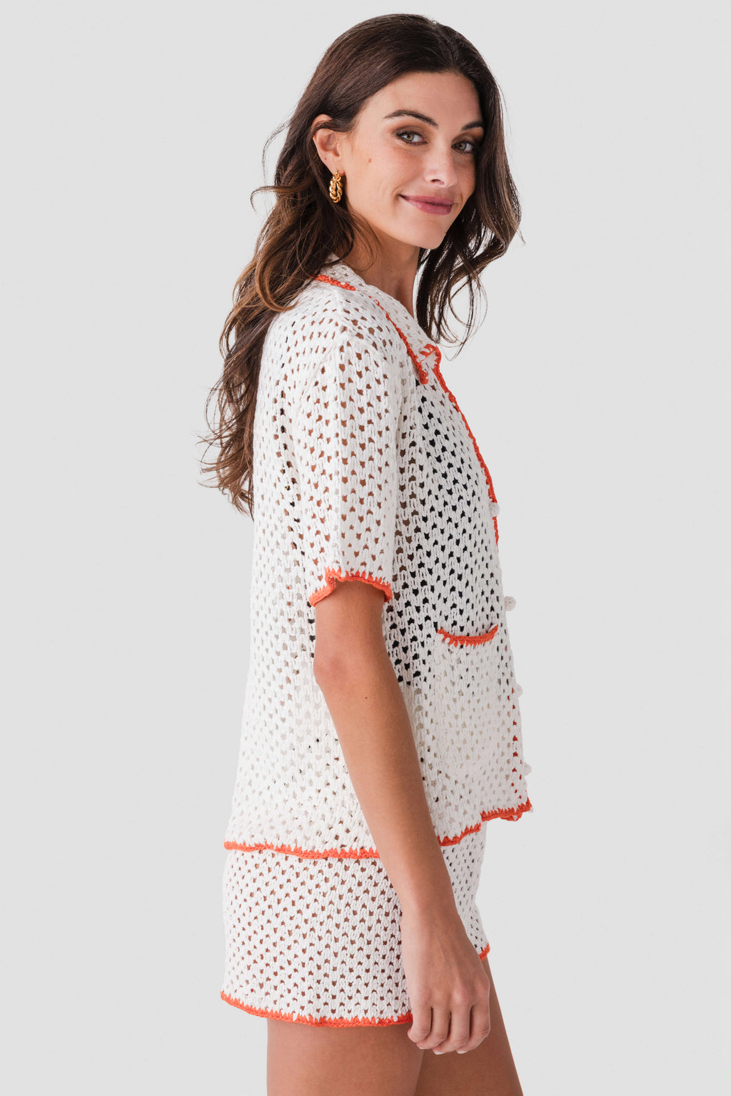 Elan Crochet Contrast Trim Button Up Top