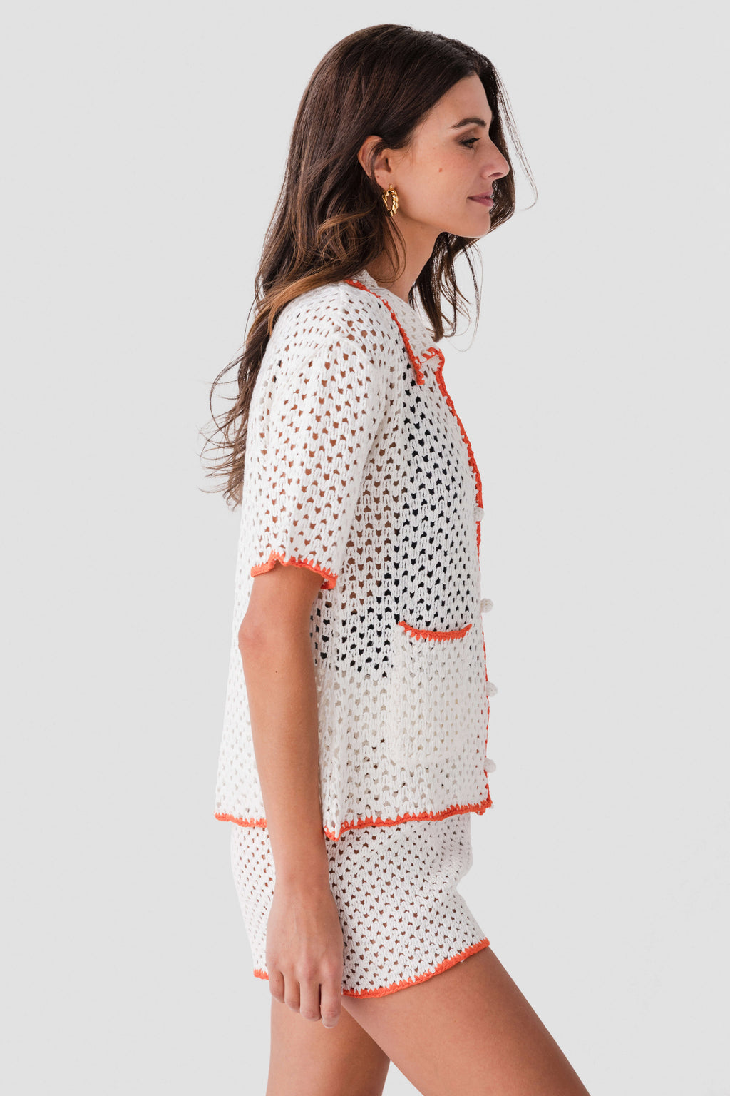Elan Crochet Contrast Trim Button Up Top