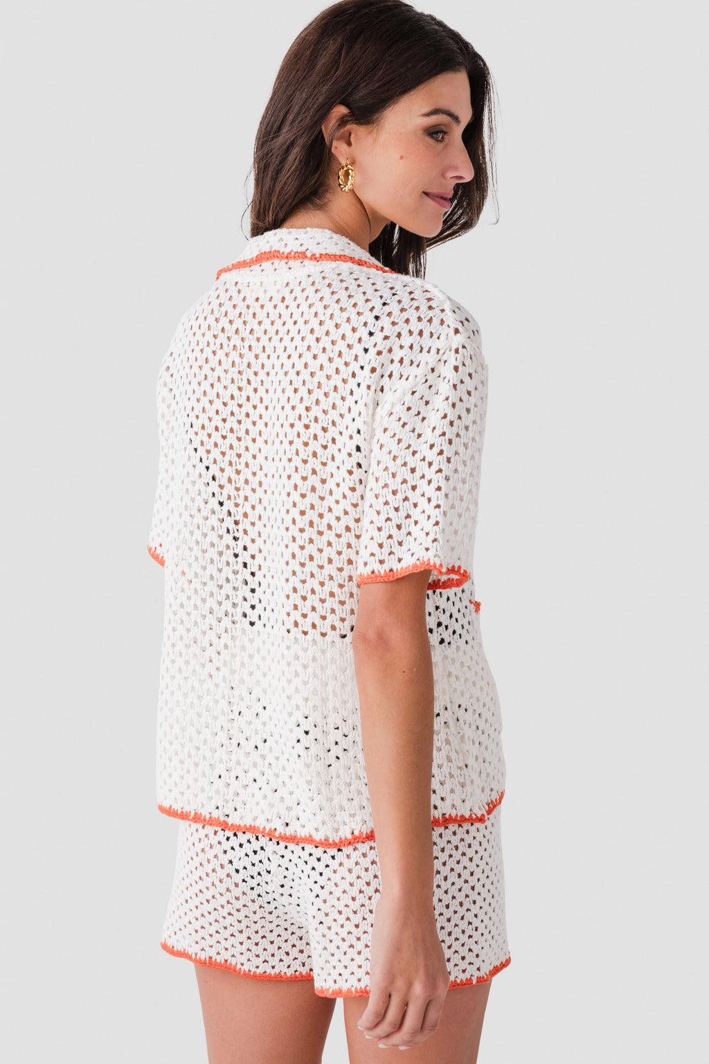 Elan Crochet Contrast Trim Button Up Top