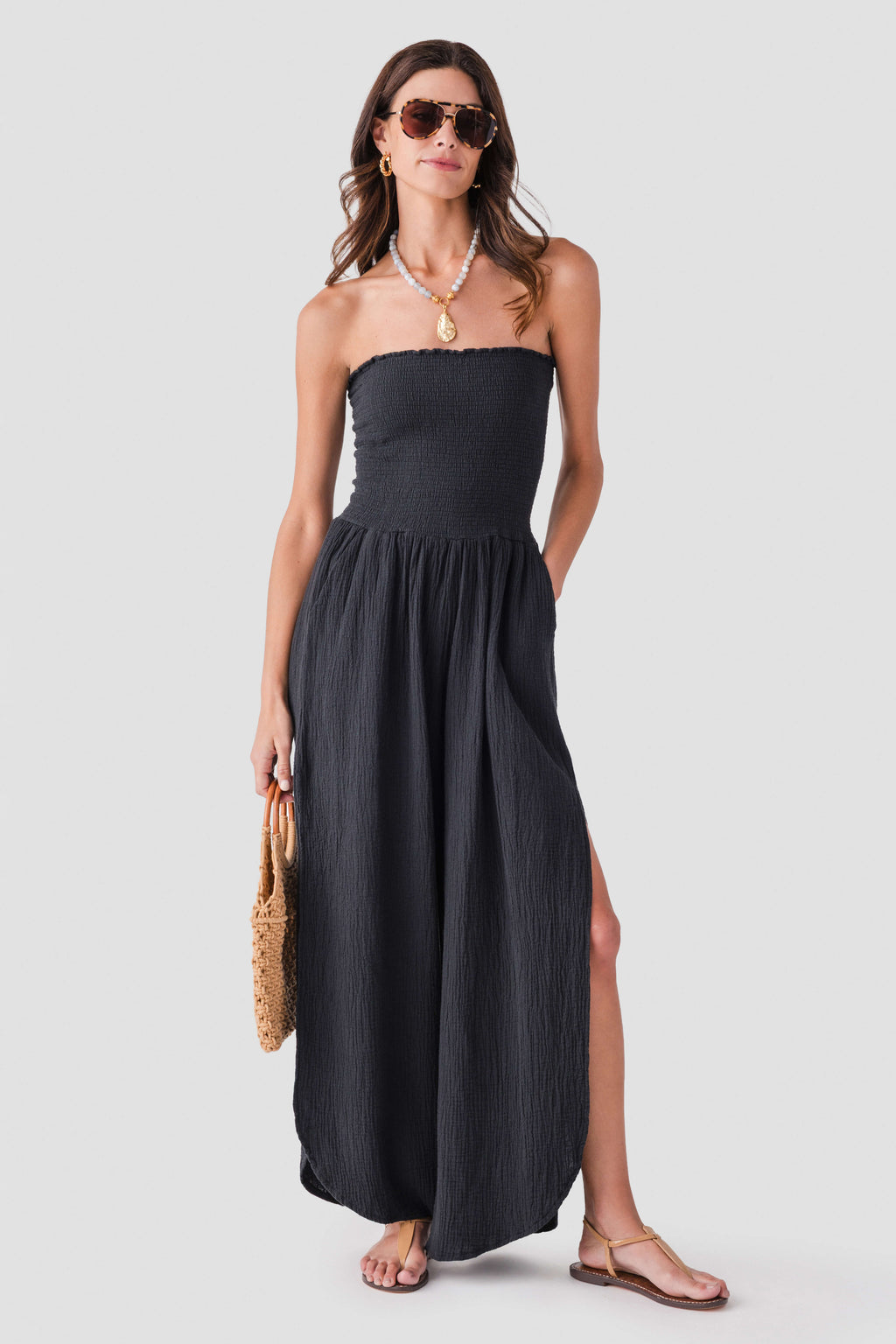 Elan Smocked Strapless Gauze Jumpsuit