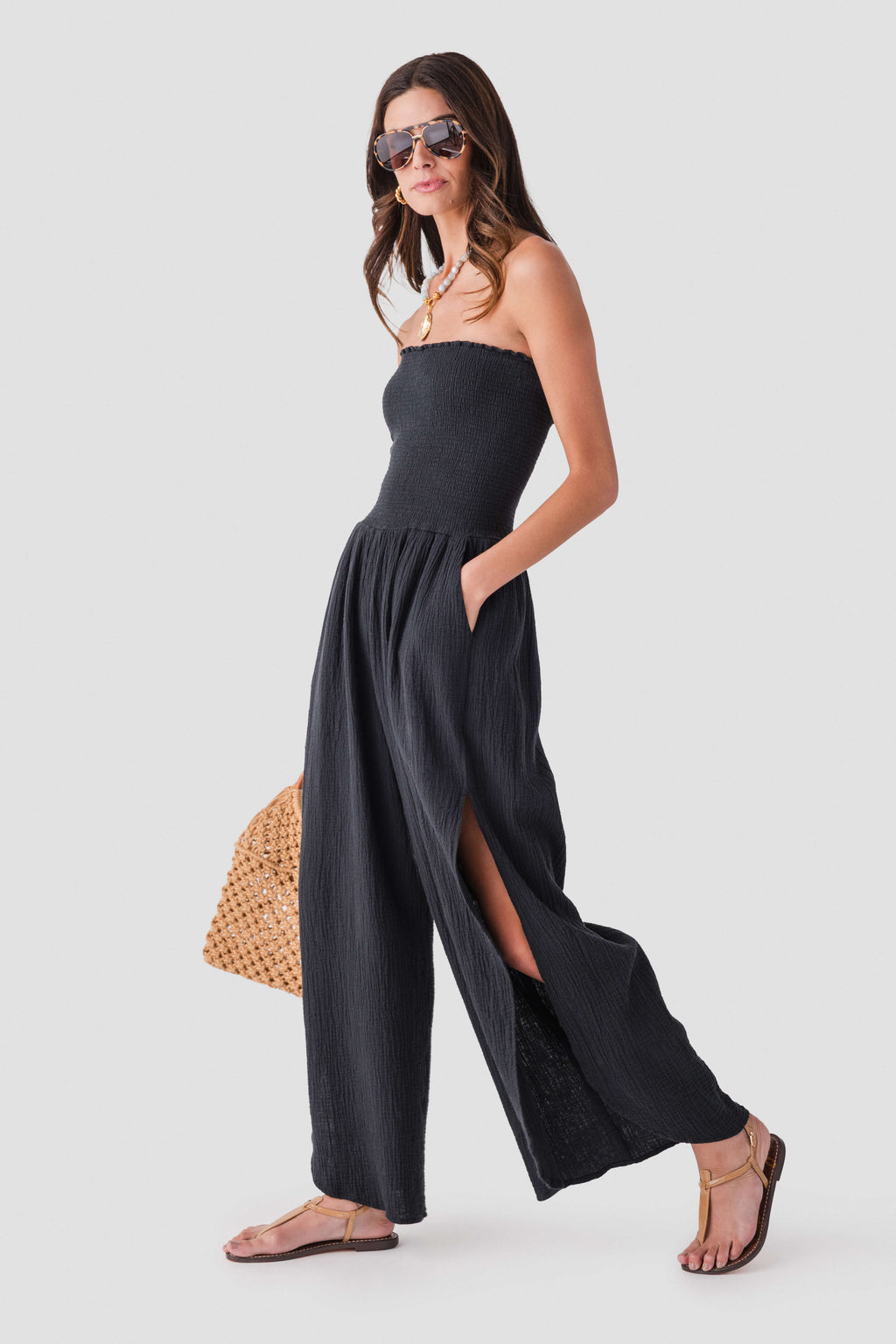 Elan Smocked Strapless Gauze Jumpsuit