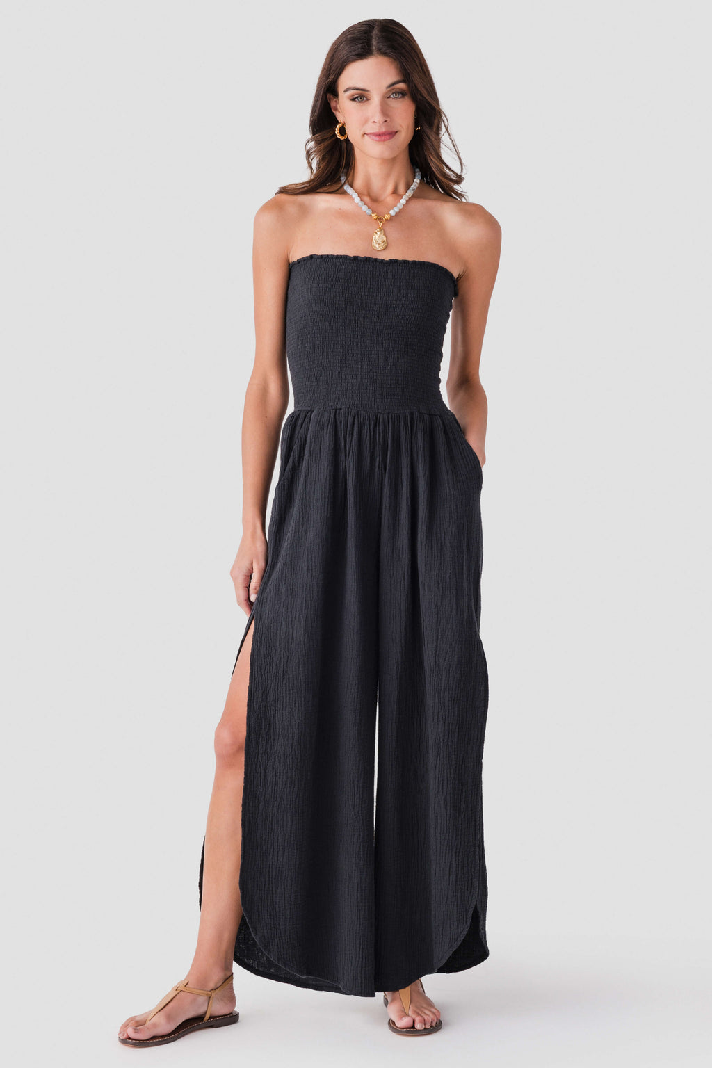 Elan Smocked Strapless Gauze Jumpsuit