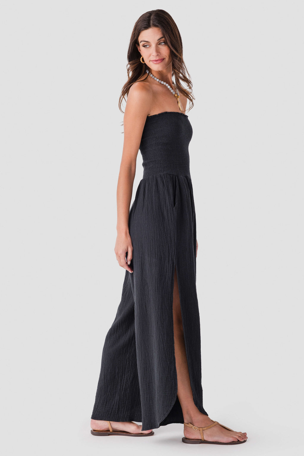 Elan Smocked Strapless Gauze Jumpsuit