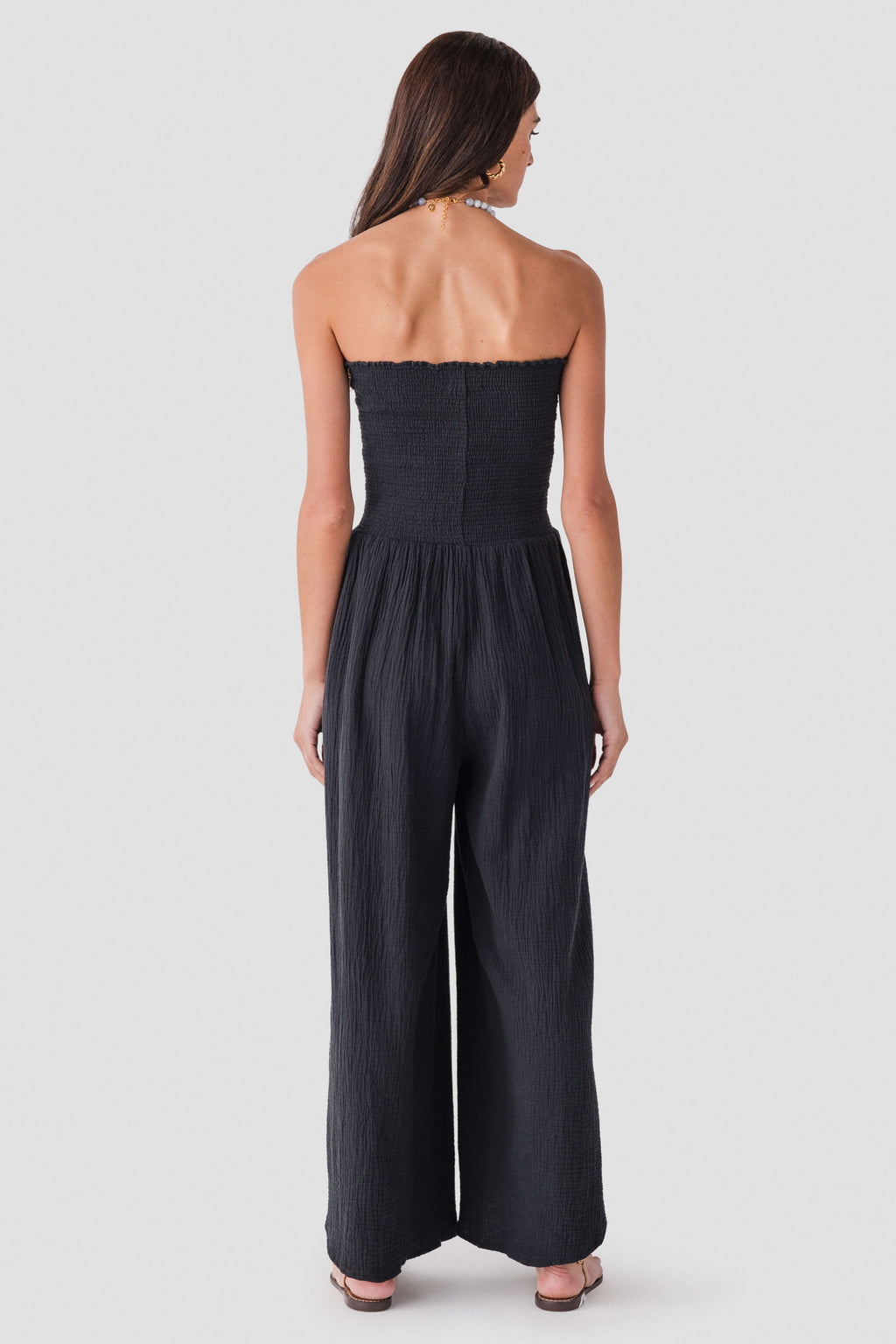 Elan Smocked Strapless Gauze Jumpsuit