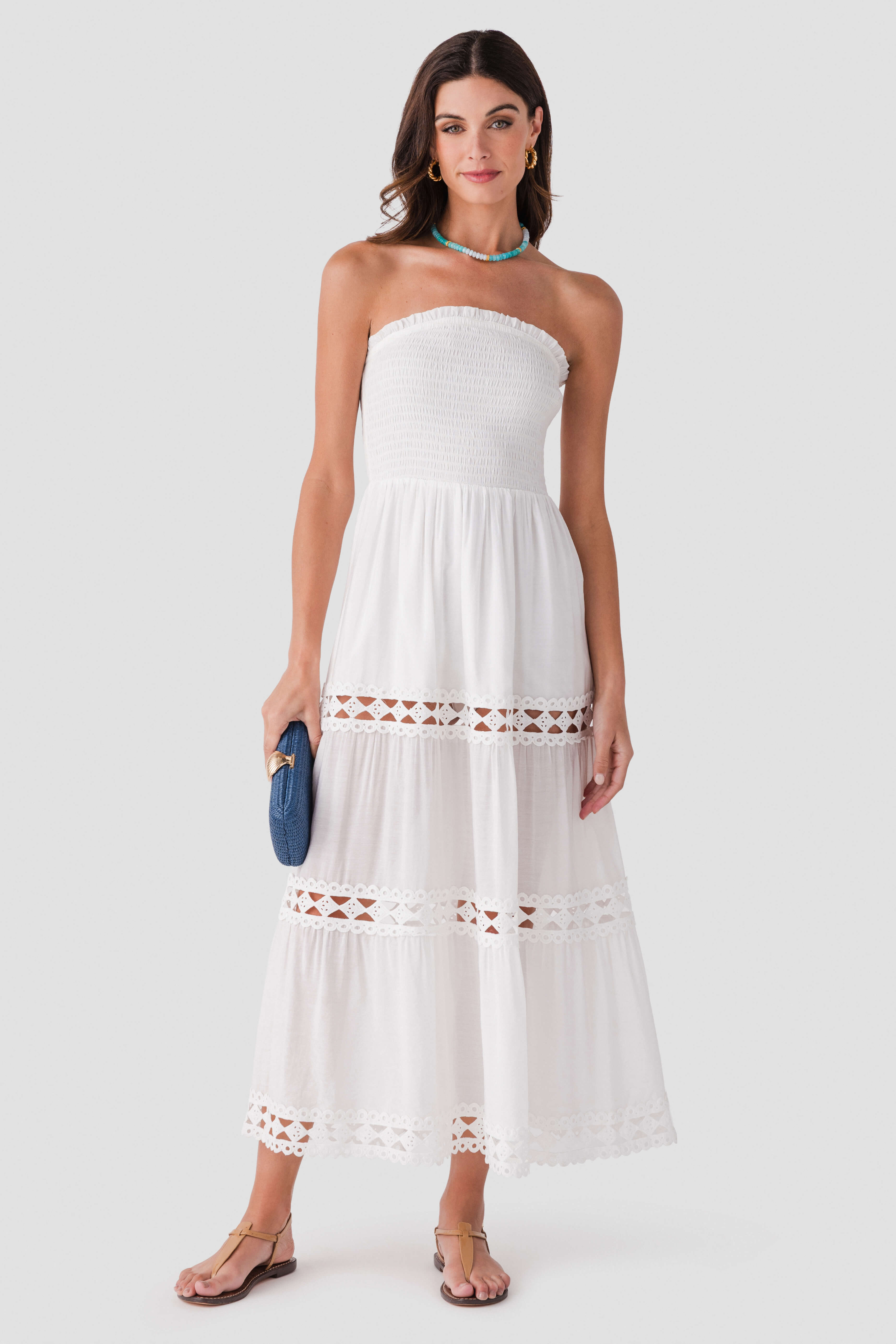 Elan Smocked Strapless Midi Dress White / Medium Elan Smocked Strapless Midi Dress White / Medium