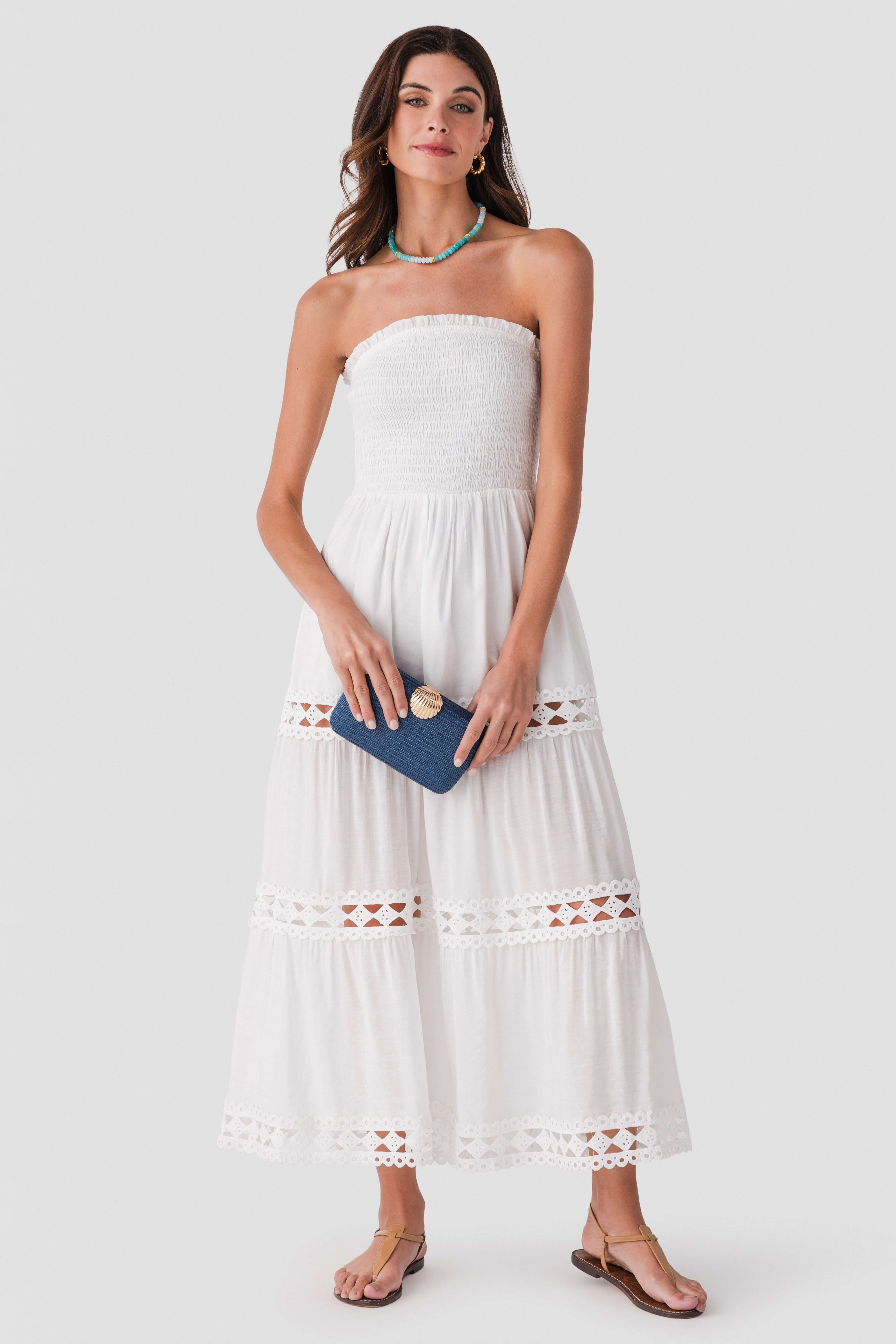 Elan Smocked Strapless Midi Dress White / Medium Elan Smocked Strapless Midi Dress White / Medium