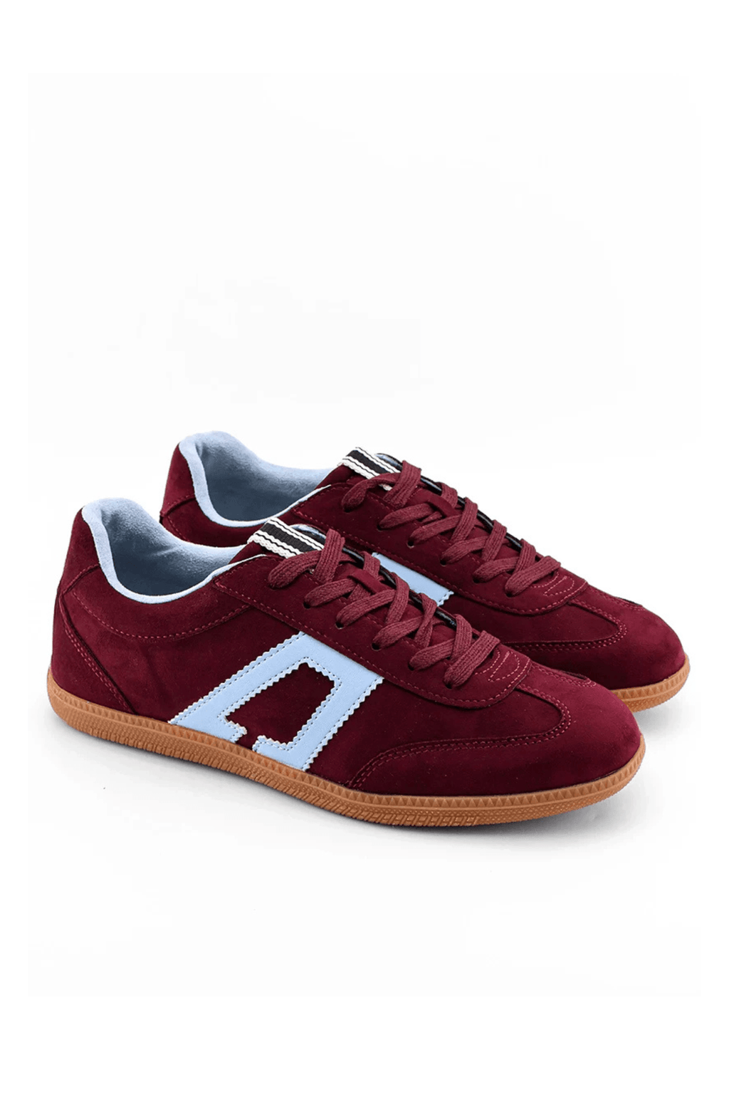 Burgundy low-top suede sneaker with white side panel and gum rubber sole