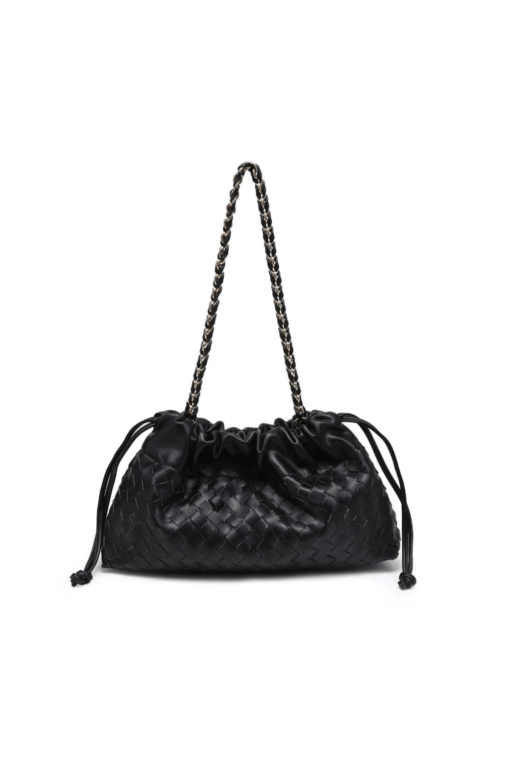 Black woven shoulder bag with braided chain straps, drawstring closure, and quilted body.