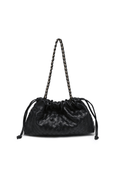 Black woven shoulder bag with braided chain straps, drawstring closure, and quilted body.
