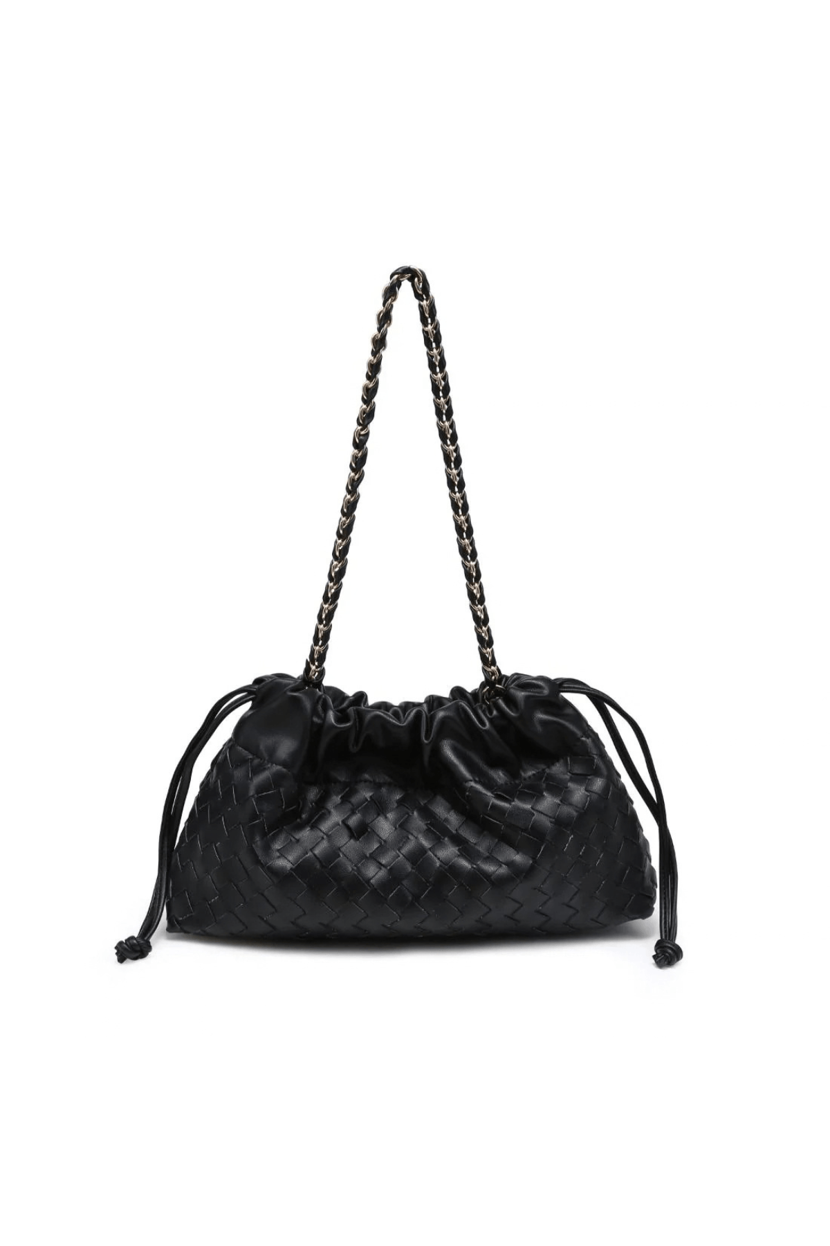 Black woven shoulder bag with braided chain straps, drawstring closure, and quilted body.