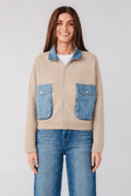 BLANK NYC sweater bomber jacket in light tan with zip front and denim patch pockets