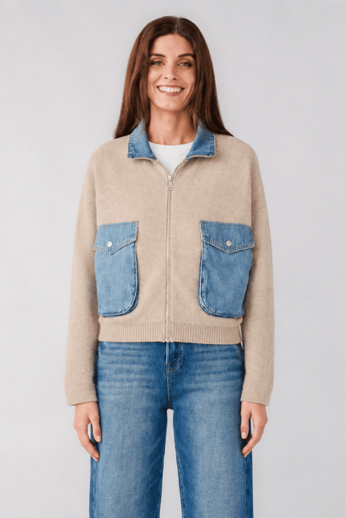 BLANK NYC sweater bomber jacket in light tan with zip front and denim patch pockets