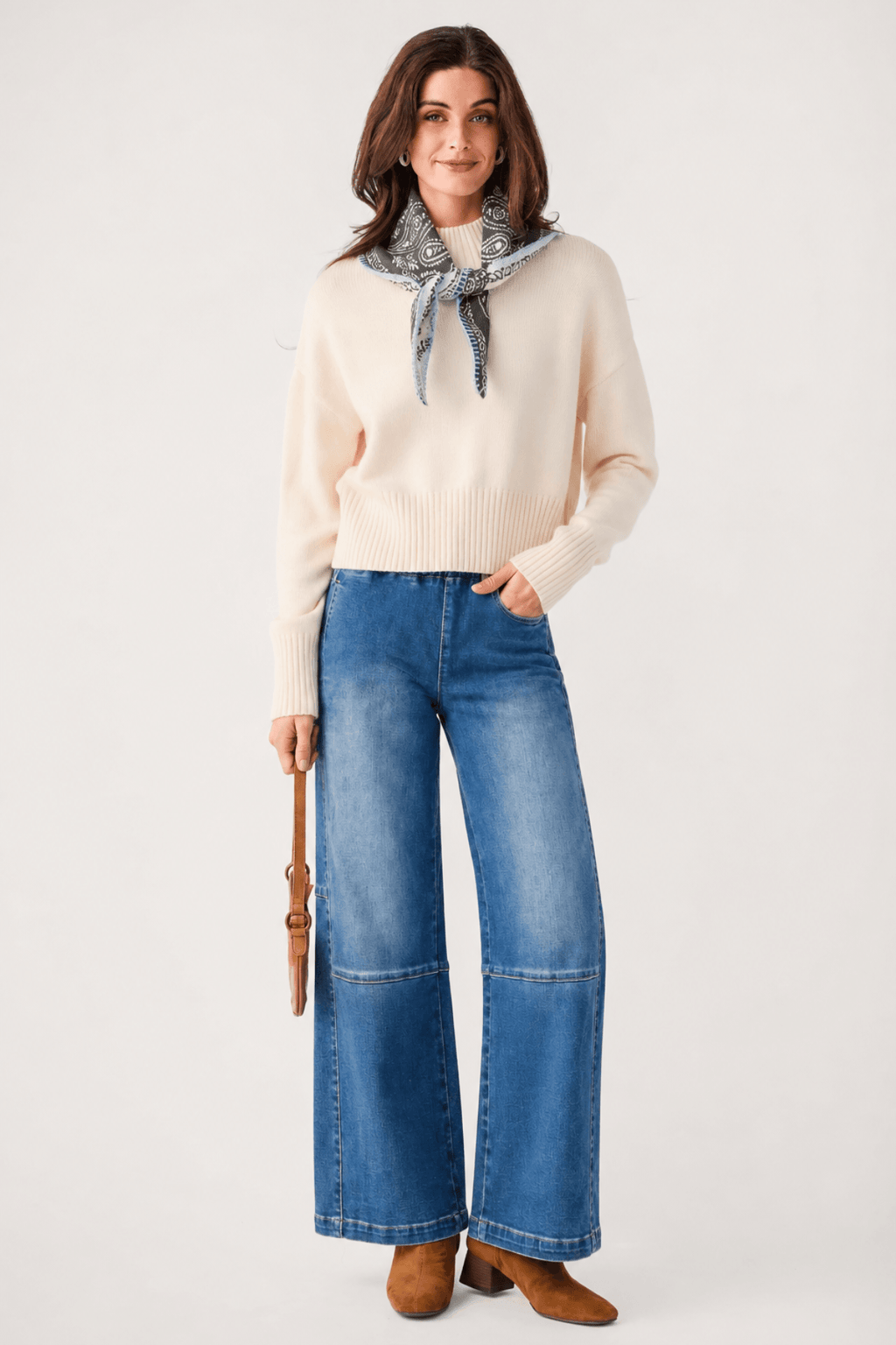 Blue relaxed pull-on barrel jeans with wide legs and stitched seam details