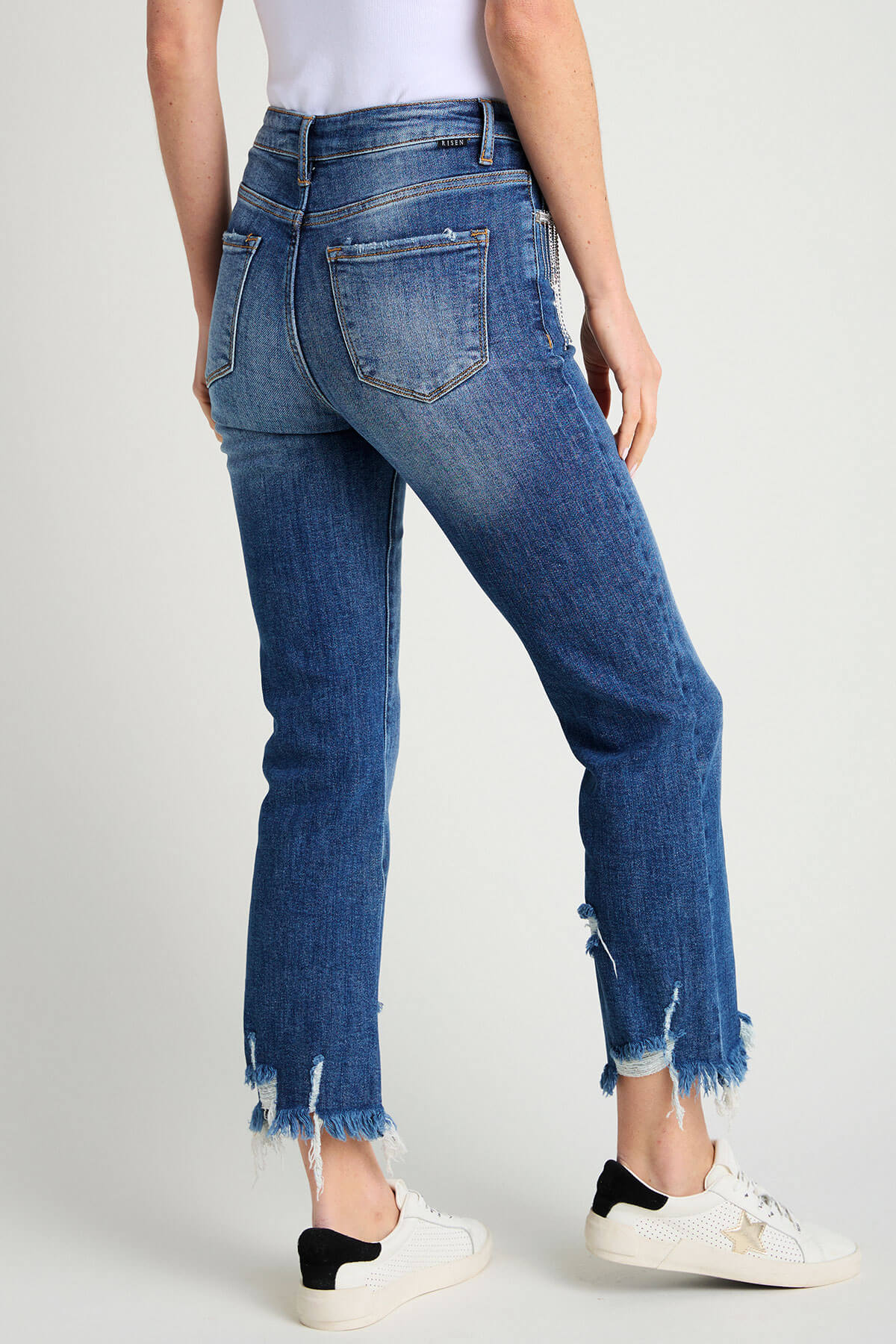 Rhinestone High Rise Straight Jeans in Vintage Distressed Wash