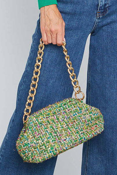 Social Threads Tweed Multi Dumpling Clutch/Bag + Green Large Bead Strap | Size One Size