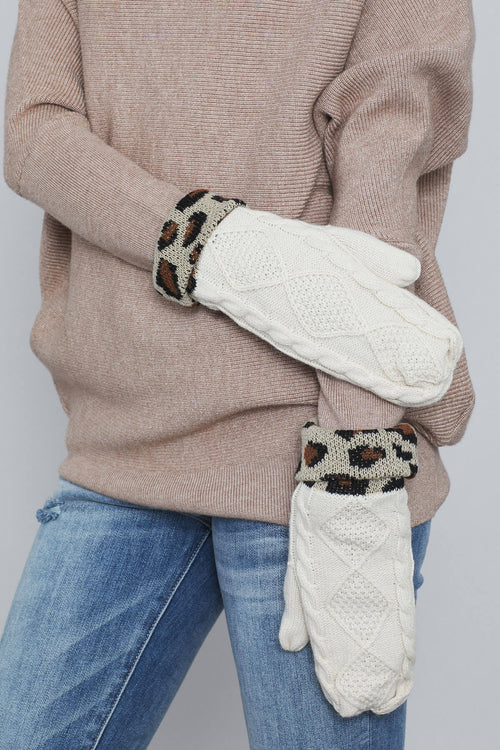 Panache Ivory Cable Knit Leopard Cuff Mittens